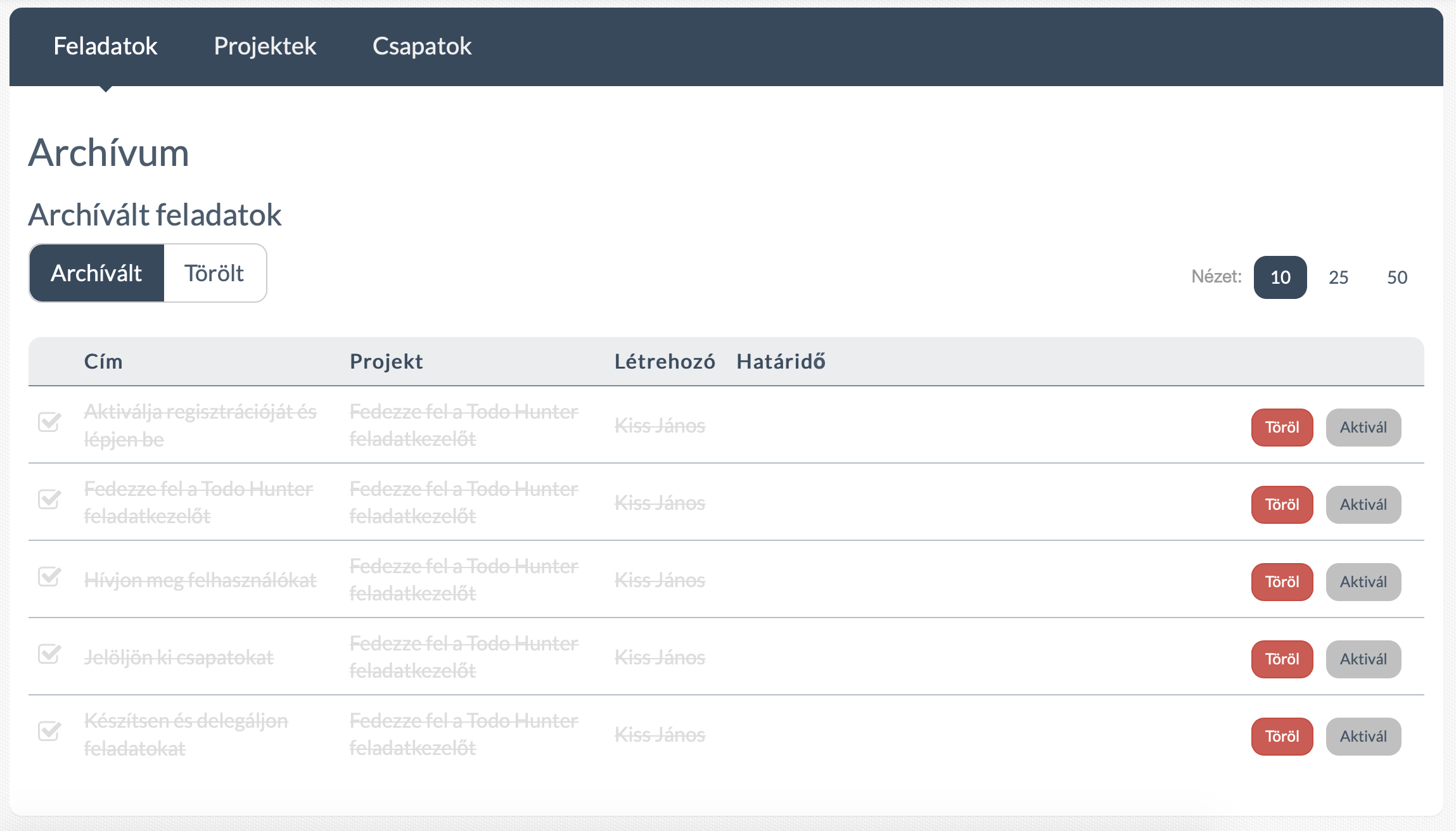 Todo Hunter online feladatkezelő szoftver - Archívum