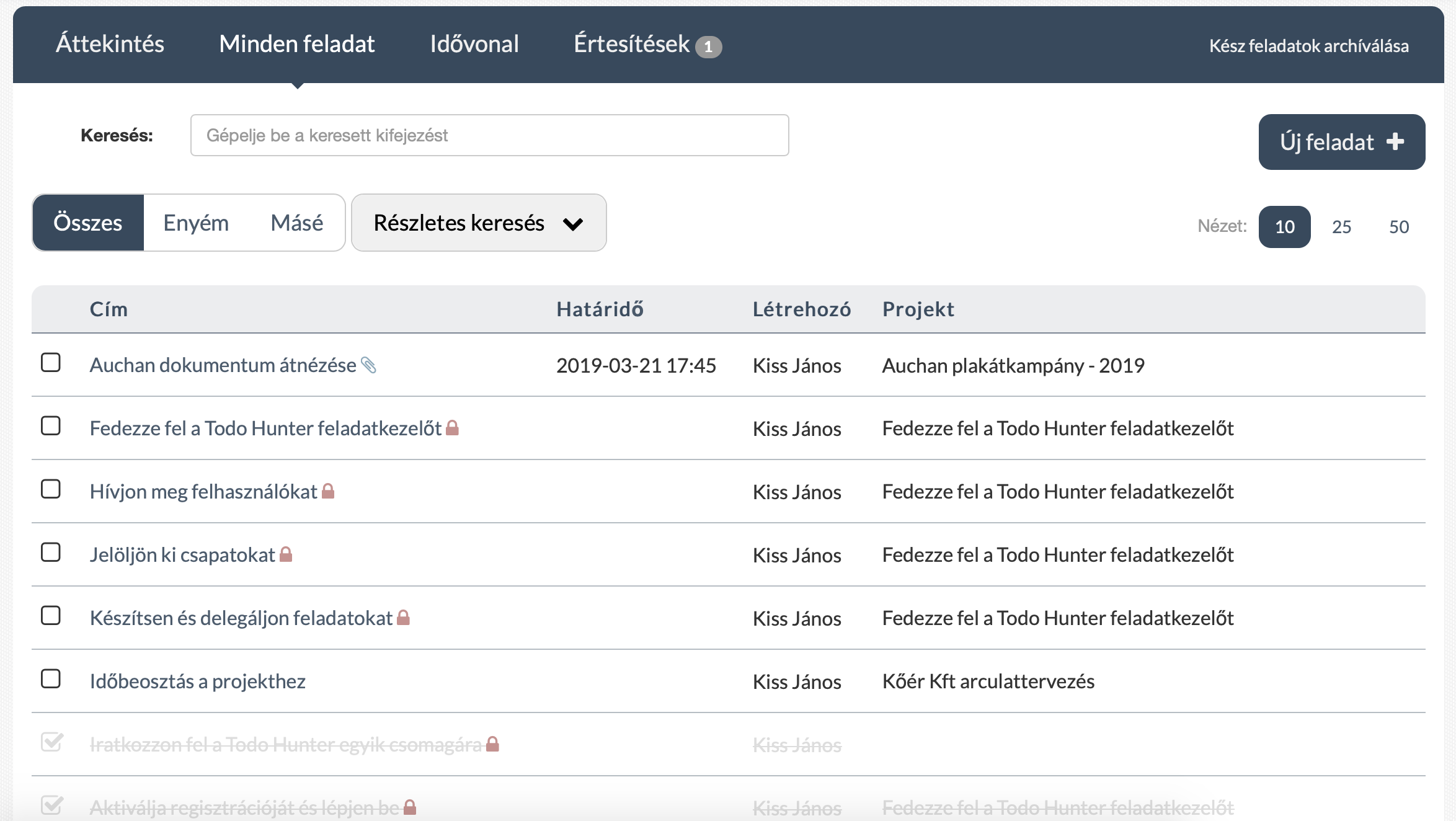 Todo Hunter online feladatkezelő szoftver - Feladatlista
